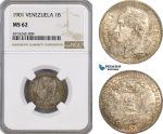 AG113, Venezuela, 1 Bolivar 1901, Paris, Silver, NGC MS62