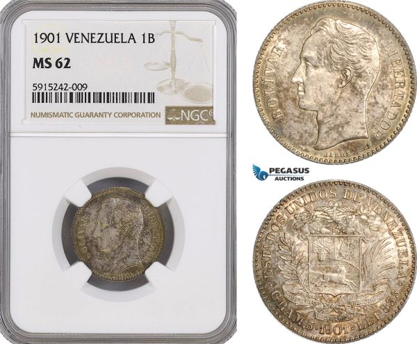 AG113, Venezuela, 1 Bolivar 1901, Paris, Silver, NGC MS62