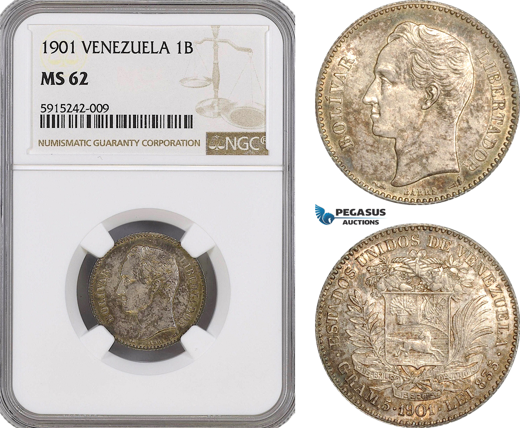 AG113, Venezuela, 1 Bolivar 1901, Paris, Silver, NGC MS62