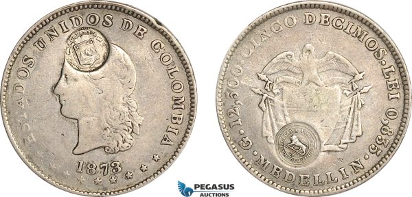 AG117, Costa Rica, 50 Centavos ND (1889) (Type VII countermark) on Colombia 5 Decimos Medellin 1873, F-VF, Rare!