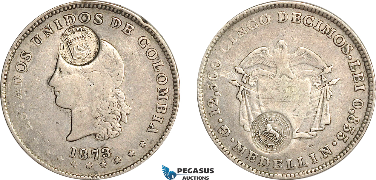 AG117, Costa Rica, 50 Centavos ND (1889) (Type VII countermark) on Colombia 5 Decimos Medellin 1873,  F-VF, Rare!