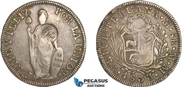 AG143, Philippines, Ferdinand VII, 8 Reales ND (1832-34) Type V Countermark on Peru 8 Reales 1833 LIMAE MM, Toned XF