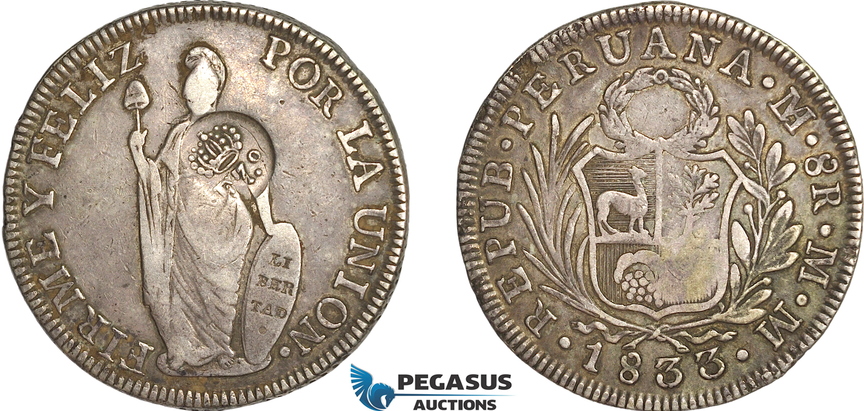 AG143, Philippines, Ferdinand VII, 8 Reales ND (1832-34) Type V Countermark on Peru 8 Reales 1833 LIMAE MM, Toned XF
