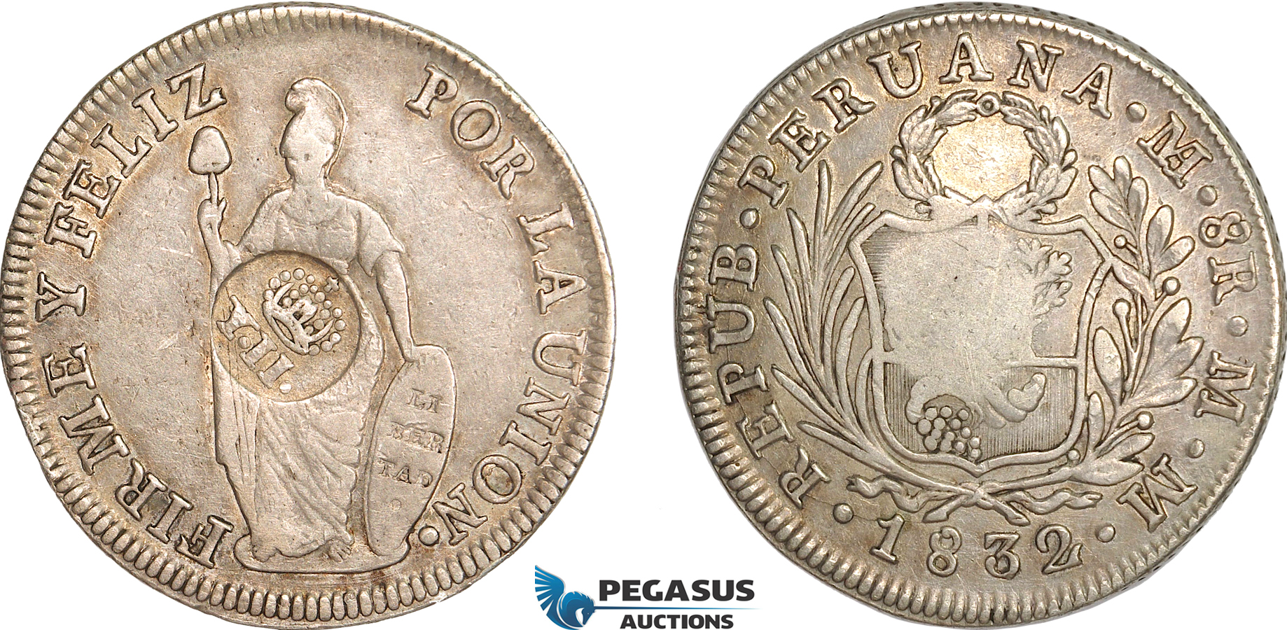 AG144, Philippines, Isabel II, 8 Reales ND (1834-37) Type VI Countermark on Peru 8 Reales 1832 LIMAE MM, aXF