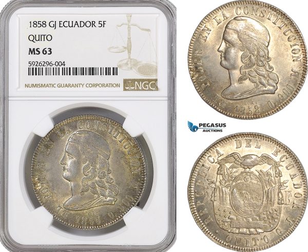 AG149, Ecuador, 5 Francos 1858 GJ, Quito, Silver, NGC MS63