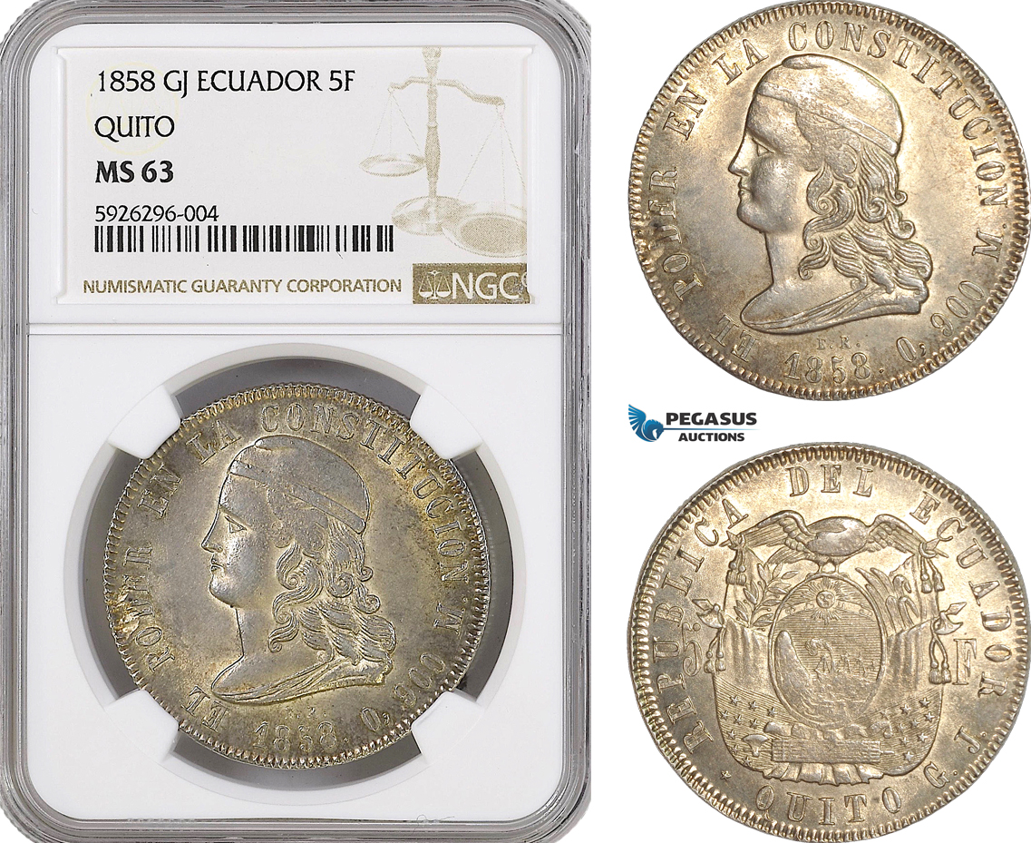 AG149, Ecuador, 5 Francos 1858 GJ, Quito, Silver, NGC MS63