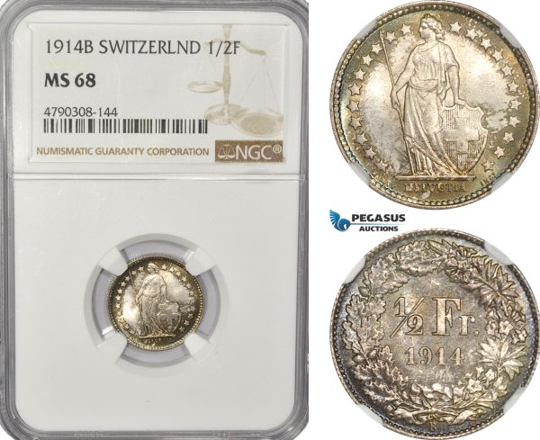 AG156, Switzerland, 1/2 Franc 1914-B, Bern, Silver, NGC MS68, Top Pop!