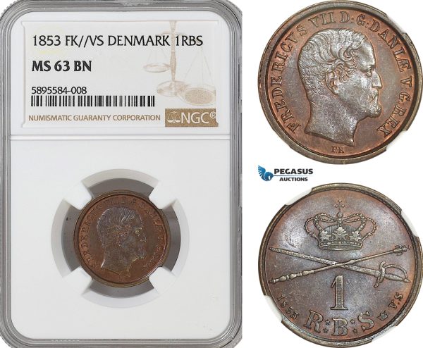 AG162-R, Denmark, Frederik VII, 1 Rigsbankskilling 1853 FK/VS, Copenhagen, NGC MS63BN
