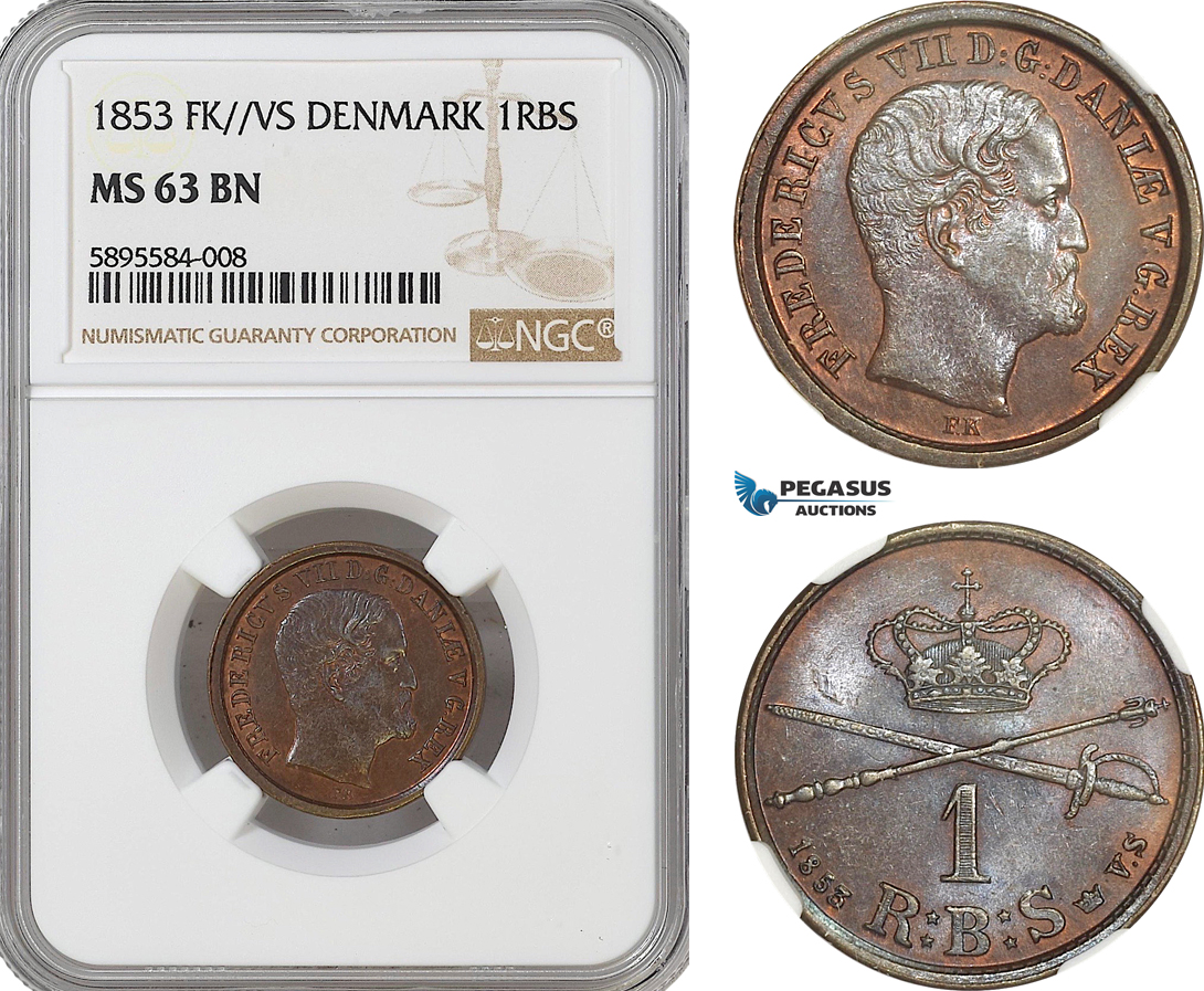 AG162-R, Denmark, Frederik VII, 1 Rigsbankskilling 1853 FK/VS, Copenhagen, NGC MS63BN