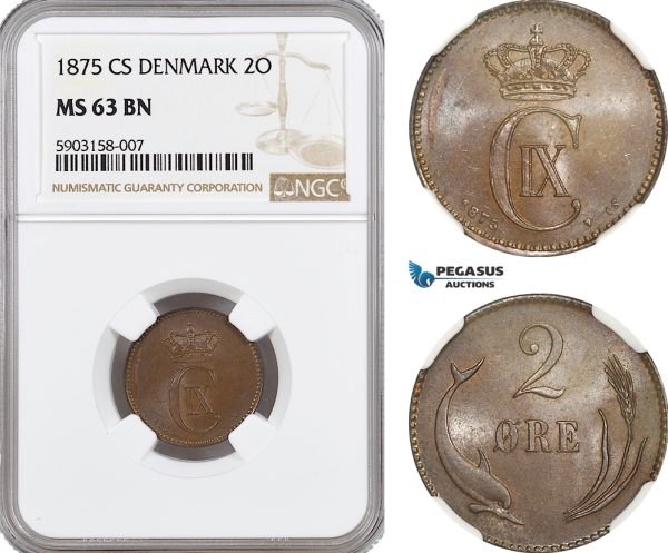 AG163-R, Denmark, Christian IX, 2 Øre 1875 CS, Copenhagen, NGC MS63BN