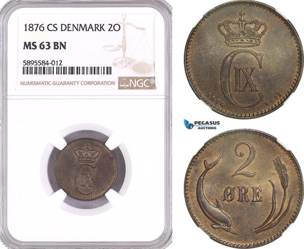 AG164-R, Denmark, Christian IX, 2 Øre 1876 CS, Copenhagen, NGC MS63BN