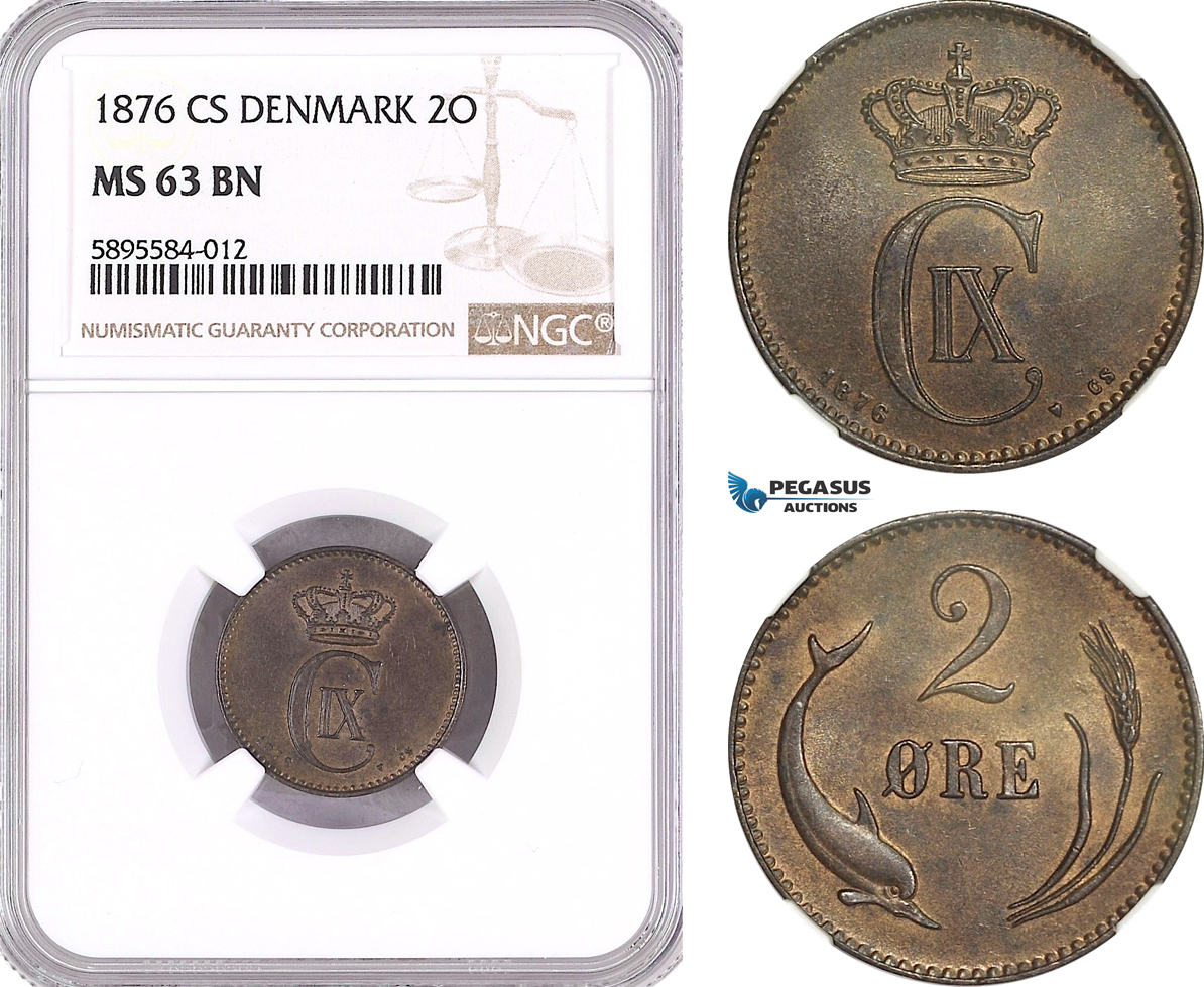 AG164-R, Denmark, Christian IX, 2 Øre 1876 CS, Copenhagen, NGC MS63BN
