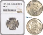 AG165-R, Denmark, Christian IX, 1 Krone 1876, Copenhagen, Silver, NGC MS64, Rare!