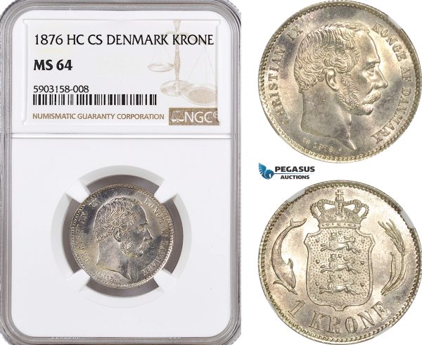 AG165-R, Denmark, Christian IX, 1 Krone 1876, Copenhagen, Silver, NGC MS64, Rare!