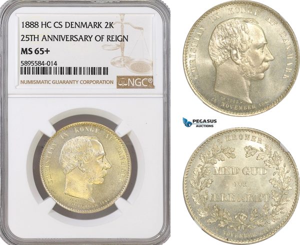 AG166-R, Denmark, Christian IX, 2 Kroner 1888, Silver, Copenhagen (25th Ann. of Reign) NGC MS65+
