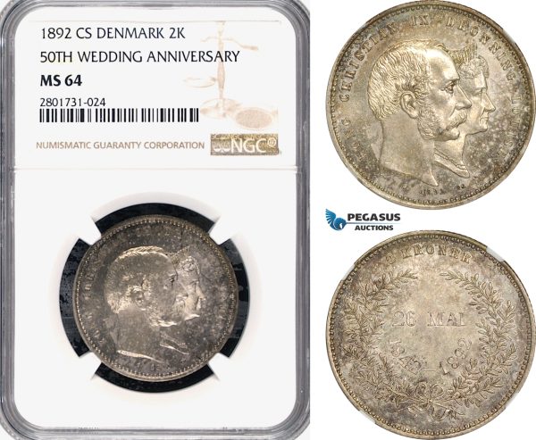 AG167-R, Denmark, Christian IX, 2 Kroner 1892, Silver, Copenhagen (Golden Wedding) NGC MS64
