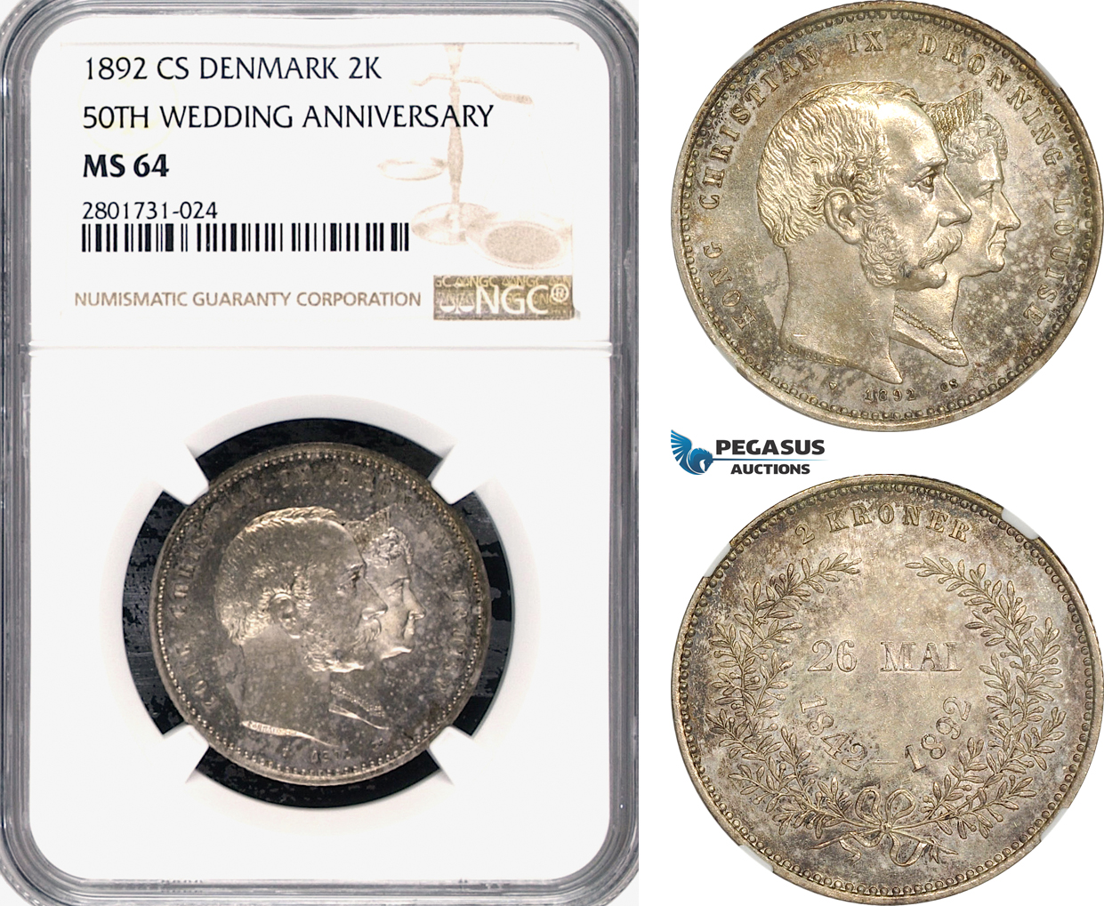 AG167-R, Denmark, Christian IX, 2 Kroner 1892, Silver, Copenhagen (Golden Wedding) NGC MS64