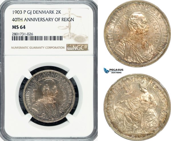 AG168-R, Denmark, Christian IX, 2 Kroner 1903, Copenhagen, Silver, (40th Ann. of Reign) NGC MS64
