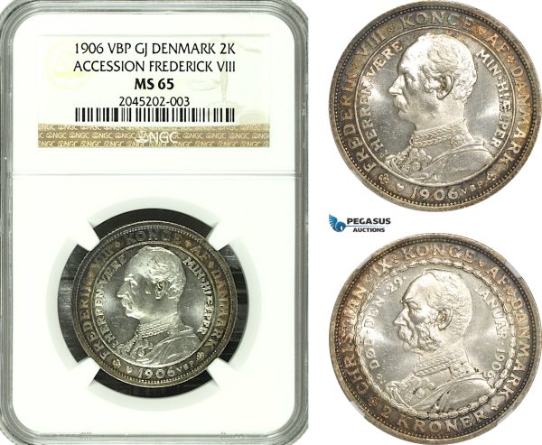 AG169-R, Denmark, Frederik VIII, 2 Kroner 1906, Copenhagen, Silver, (Accession of Fr. VIII) NGC MS65