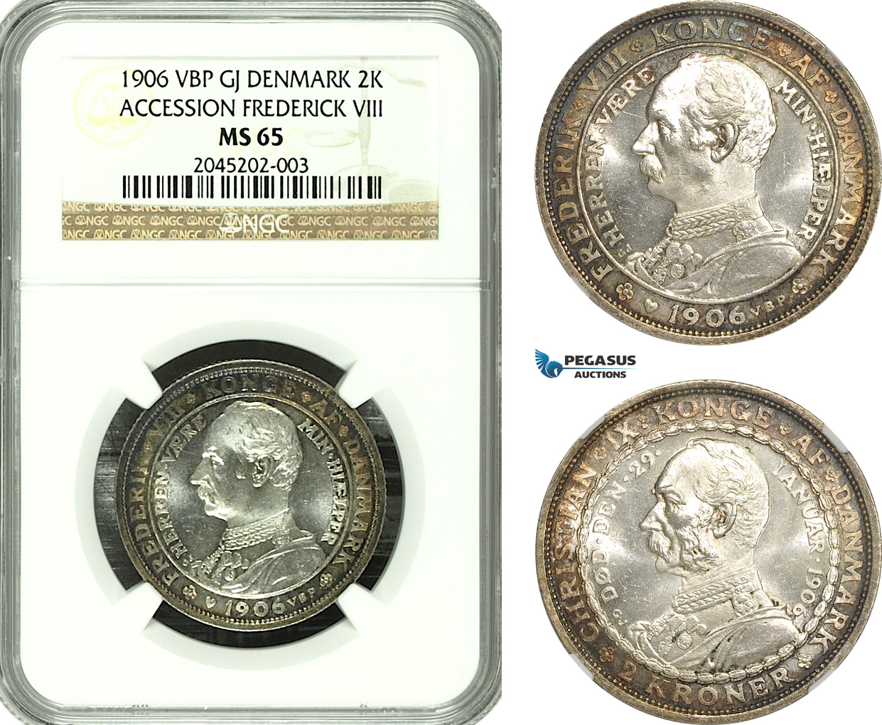 AG169-R, Denmark, Frederik VIII, 2 Kroner 1906, Copenhagen, Silver, (Accession of Fr. VIII) NGC MS65