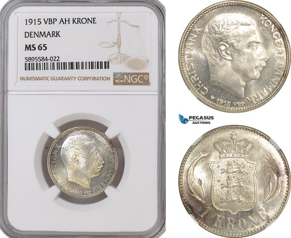 AG170-R, Denmark, Christian X, 1 Krone 1915 VBP, Copenhagen, Silver, NGC MS65