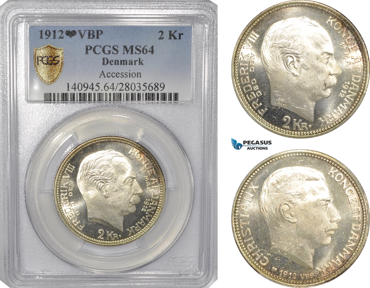 AG171-R, Denmark, Christian X, 2 Kroner 1912 VBP, Copenhagen, Silver, PCGS MS64