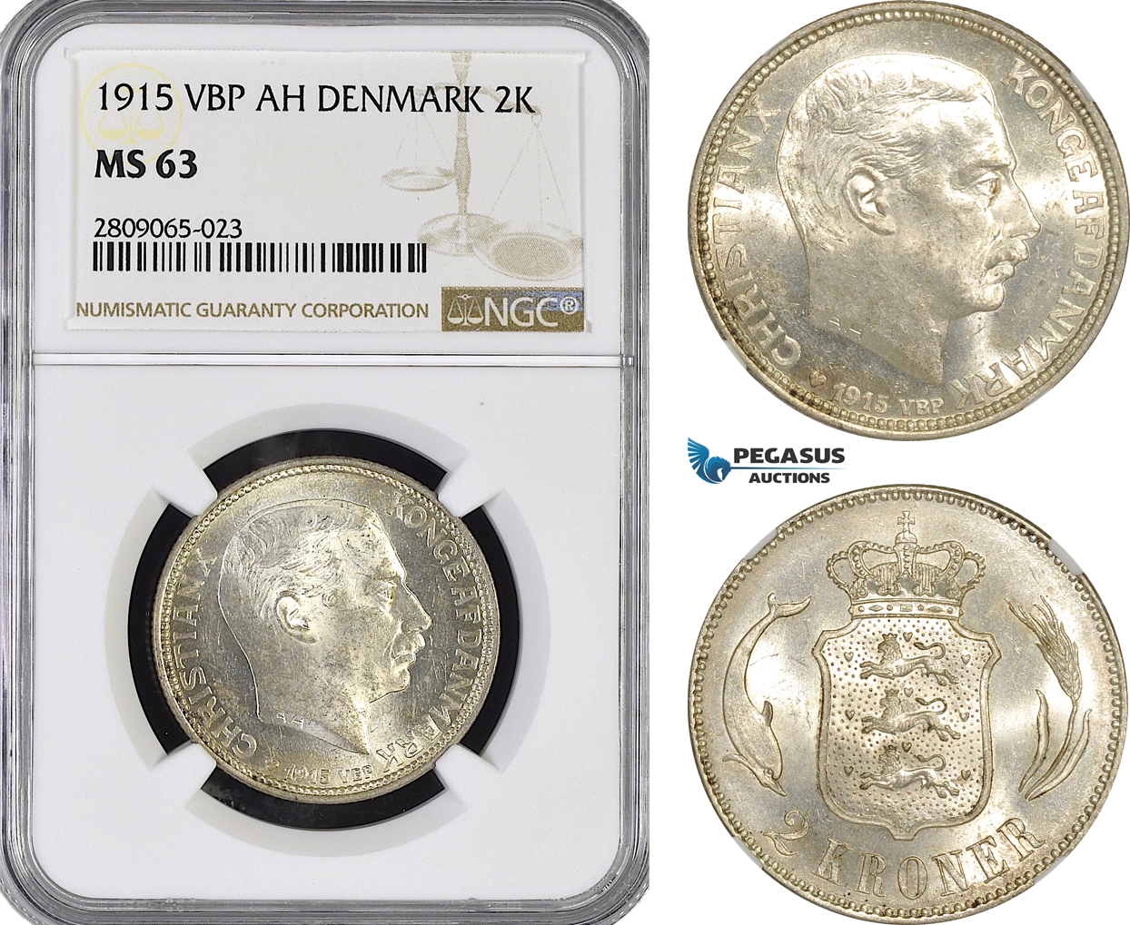 AG172-R, Denmark, Christian X, 2 Kroner 1915 VBP, Copenhagen, Silver, NGC MS63