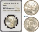 AG173-R, Denmark, Christian X, 2 Kroner 1916 VBP, Copenhagen, Silver, NGC MS63