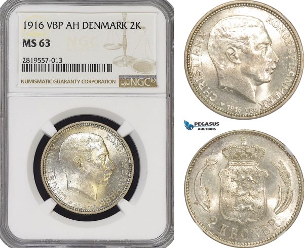 AG173-R, Denmark, Christian X, 2 Kroner 1916 VBP, Copenhagen, Silver, NGC MS63