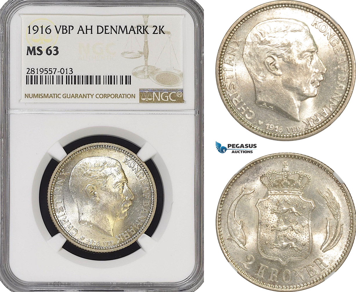 AG173-R, Denmark, Christian X, 2 Kroner 1916 VBP, Copenhagen, Silver, NGC MS63