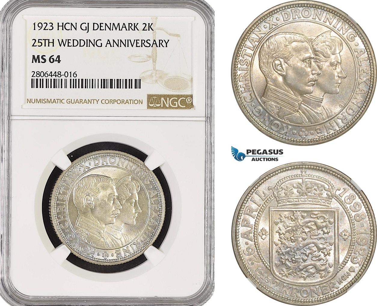 AG174-R, Denmark, Christian X, 2 Kroner 1923 HCN, Silver, Copenhagen, (25th Wedding Anniversary) NGC MS64