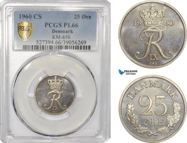 AG175-R, Denmark, Frederik IX, 25 Ore 1960 CS, Copenhagen, PCGS PL66