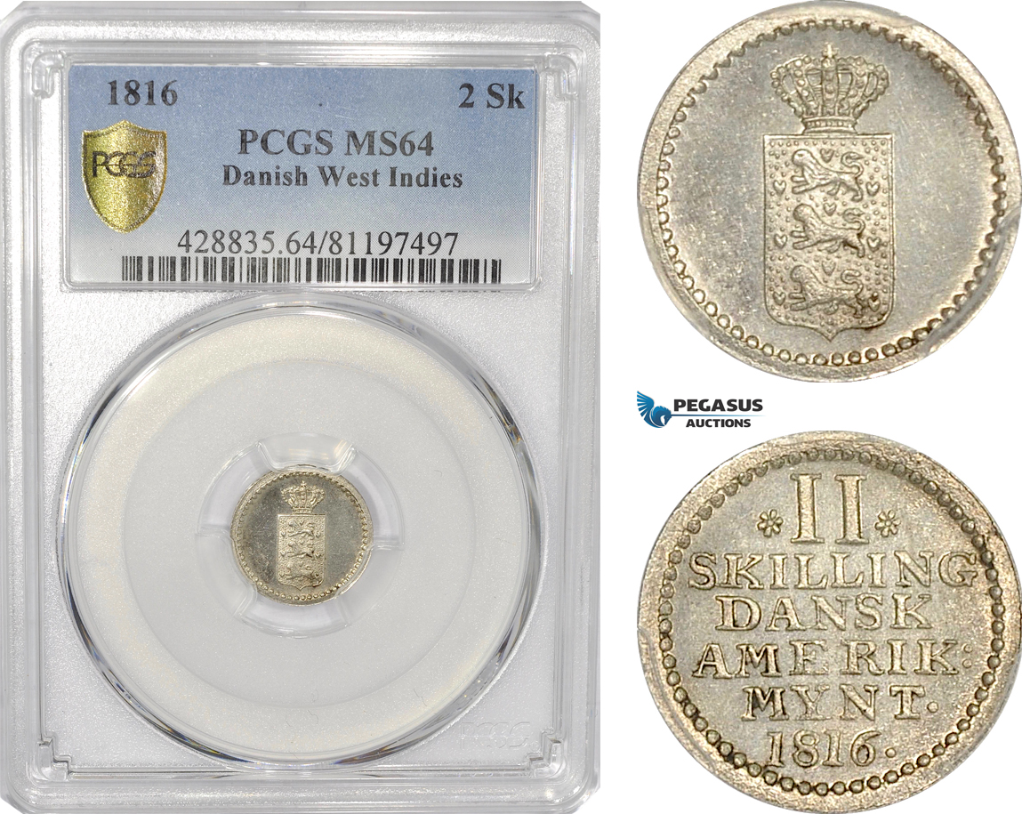 AG176-R, Danish West Indies, 2 Skilling 1816, Silver, PCGS MS64