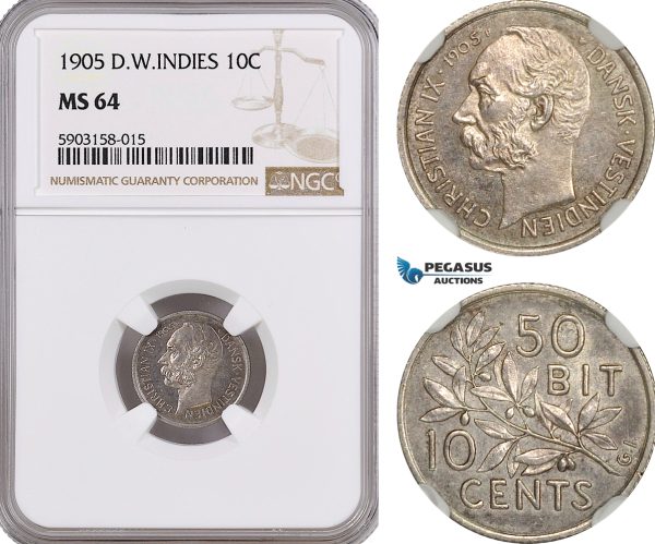 AG177-R, Danish West Indies, Christian IX, 10 Cents 1905, Copenhagen, Silver, NGC MS64