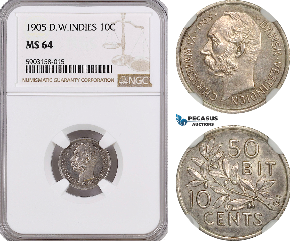 AG177-R, Danish West Indies, Christian IX, 10 Cents 1905, Copenhagen, Silver, NGC MS64