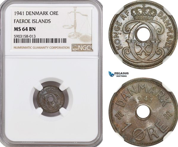 AG181-R, Faeroe Islands (Denmark) Christian X, 1 Øre 1941, Copenhagen, NGC MS64BN