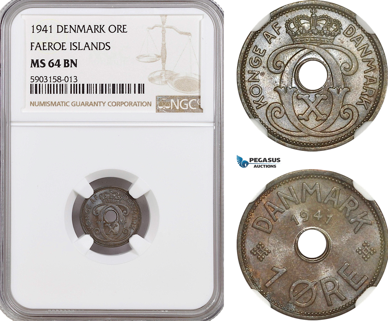 AG181-R, Faeroe Islands (Denmark) Christian X, 1 Øre 1941, Copenhagen, NGC MS64BN