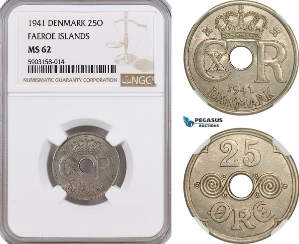 AG182-R, Faeroe Islands (Denmark) Christian X, 25 Øre 1941, Copenhagen, NGC MS62