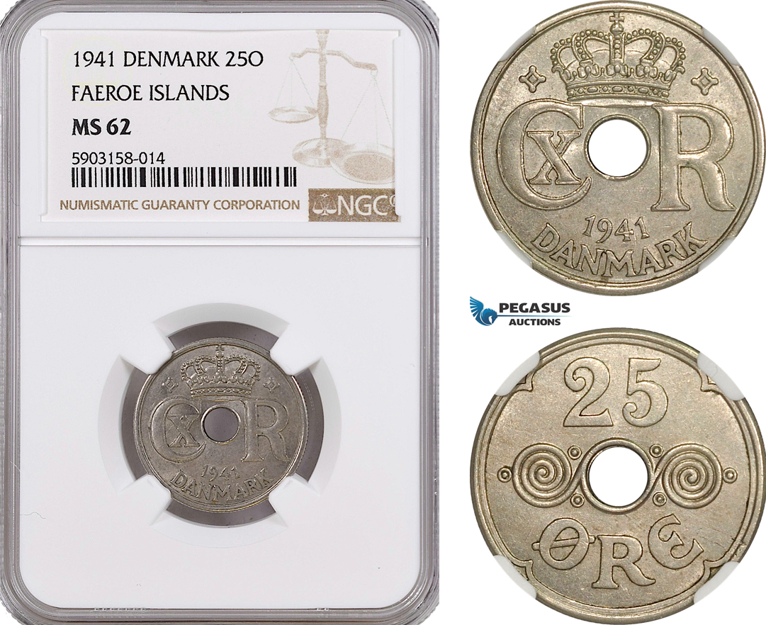 AG182-R, Faeroe Islands (Denmark) Christian X, 25 Øre 1941, Copenhagen, NGC MS62