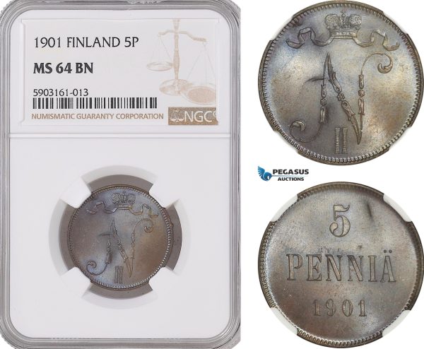 AG183-R, Finland (Under Russia) Nicholas II, 5 Penniä 1901, NGC MS64BN