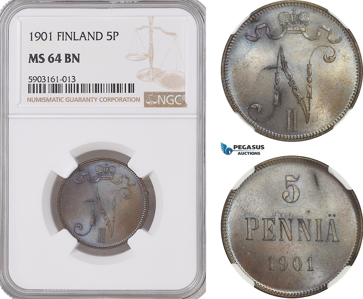 AG183-R, Finland (Under Russia) Nicholas II, 5 Penniä 1901, NGC MS64BN