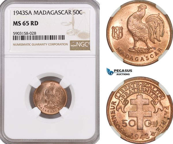 AG190-R, Madagascar, 50 Centimes 1943-SA, NGC MS65RD