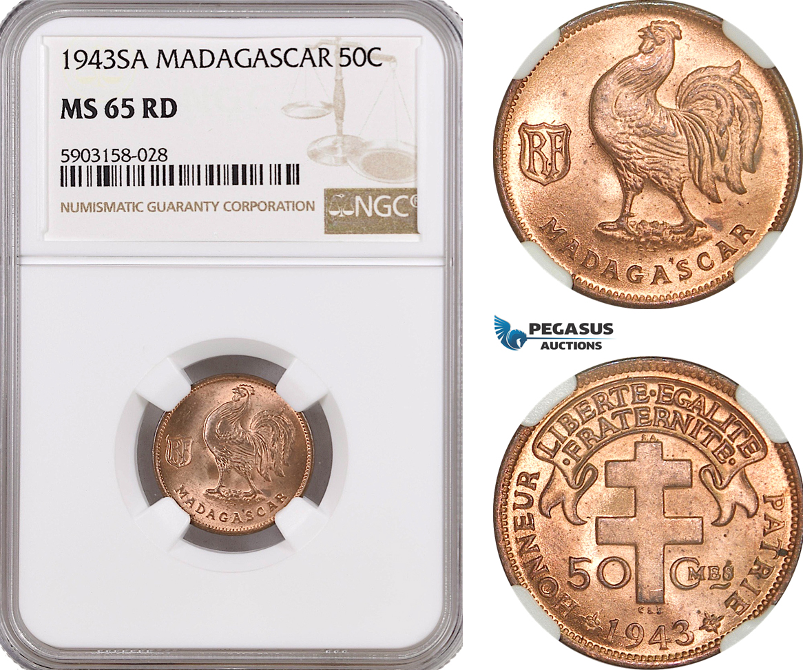 AG190-R, Madagascar, 50 Centimes 1943-SA, NGC MS65RD