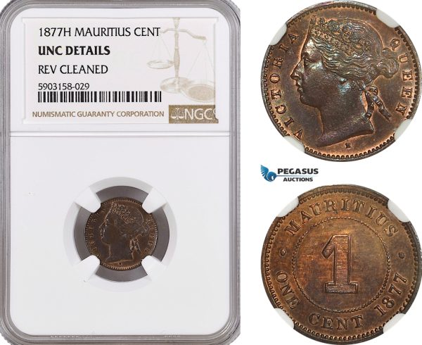 AG191-R, Mauritius, Victoria, 1 Cent 1877-H, Heaton, NGC UNC Det.
