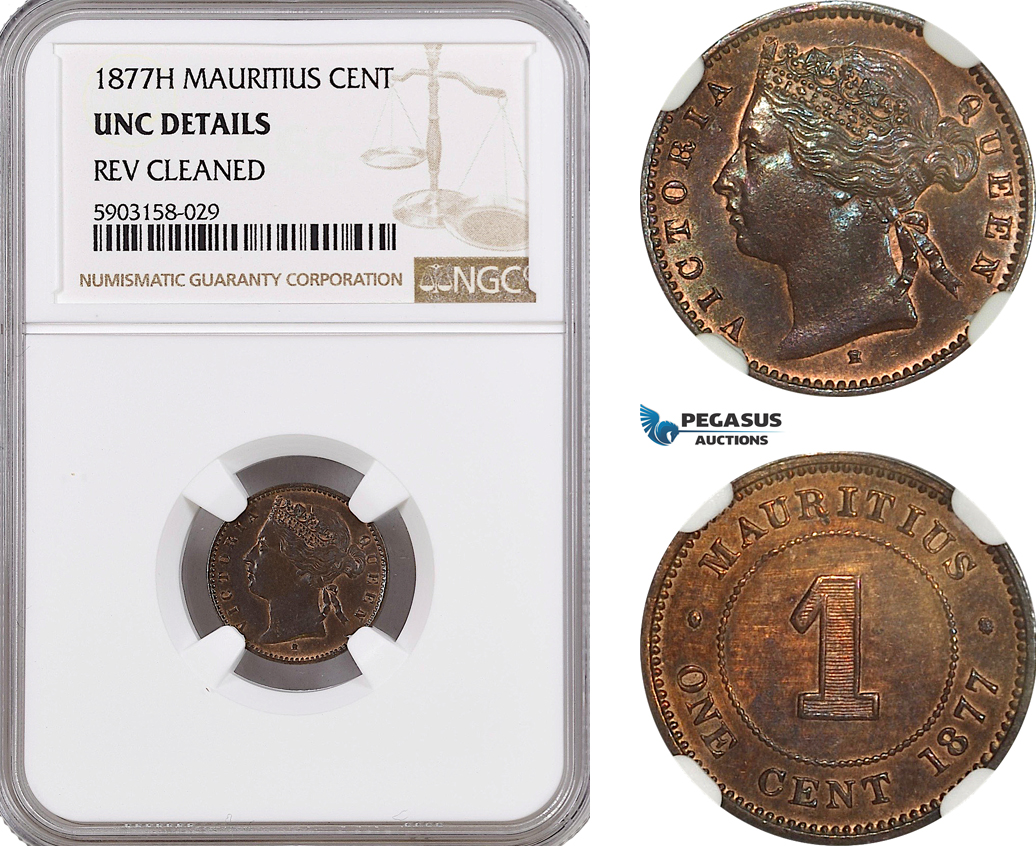 AG191-R, Mauritius, Victoria, 1 Cent 1877-H, Heaton, NGC UNC Det.