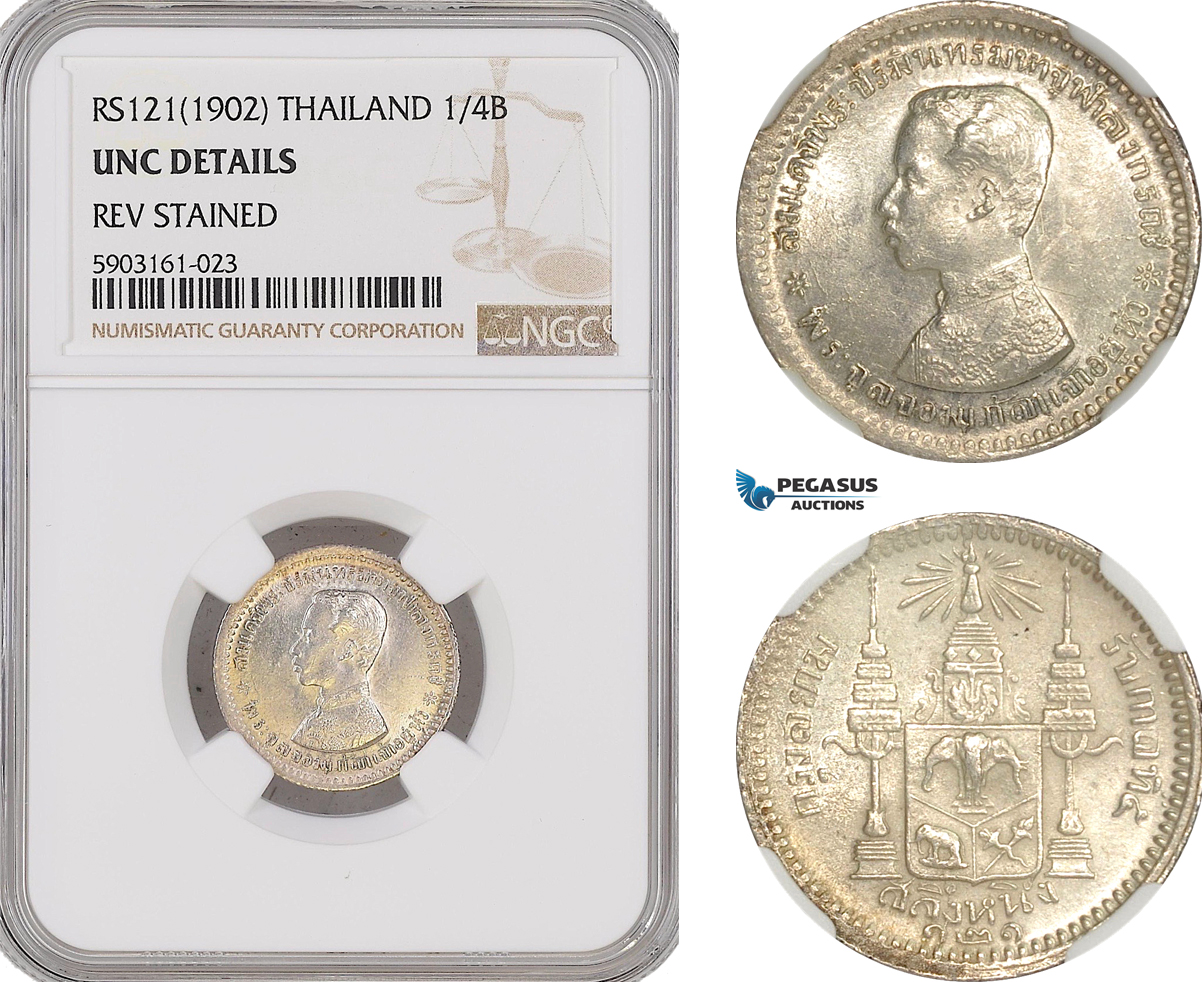 AG201-R, Thailand, Rama V, 1/4 Baht RS121 (1902) Silver, NGC UNC Det.
