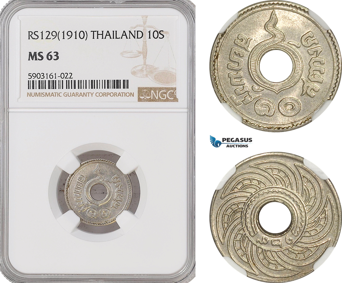AG203-R, Thailand, Rama V, 10 Satang RS129 (1910)  NGC MS63