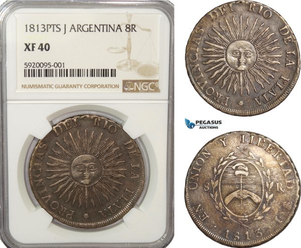 AG206, Argentina, Rio De La Plata, 8 Reales 1813 PTS J, Potosi, Silver, NGC XF40