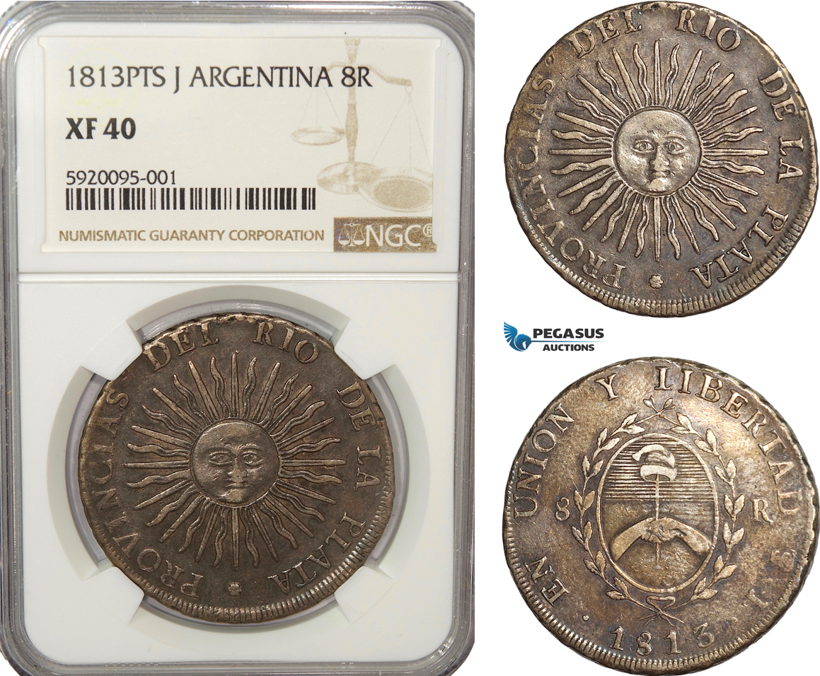 AG206, Argentina, Rio De La Plata, 8 Reales 1813 PTS J, Potosi, Silver, NGC XF40