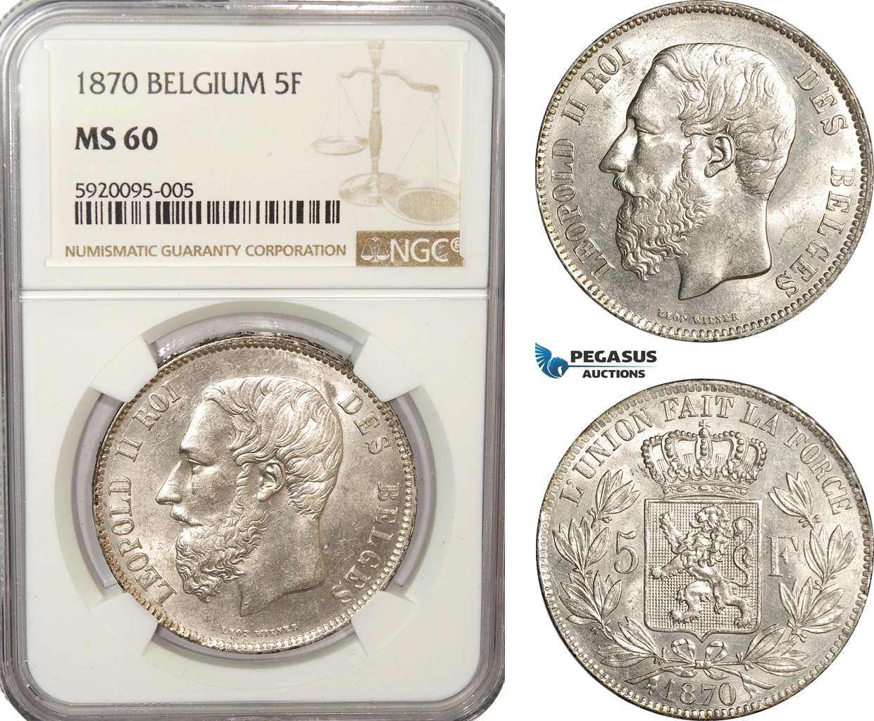 AG210, Belgium, Leopold II, 5 Francs 1870, Brussels, Silver, NGC MS60